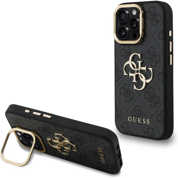 Guess PU 4G Metal Logo Stand Camera Frame kryt iPhone 15 Pro Max černý