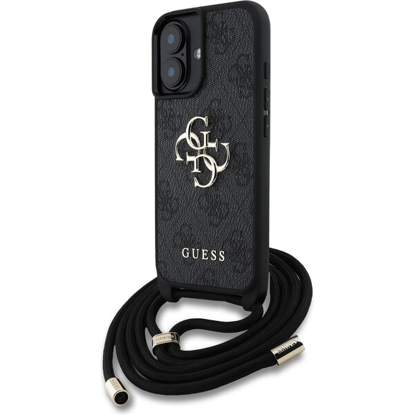 Guess PU 4G Metal Logo Crossbody popruh kryt iPhone 16 černý