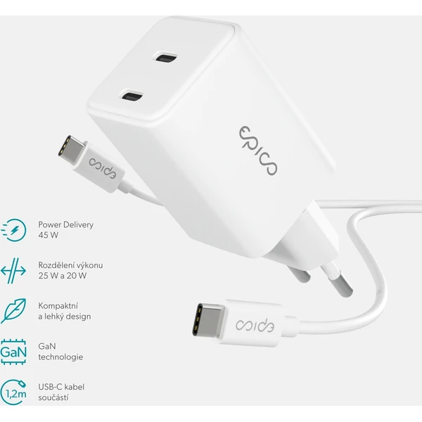 Epico UltraBoost GaN 45W síťový adaptér EA45 s 1,2 m USB-C na USB-C kabelem bílý - Nabíječky - Obrázek 41LL000K01