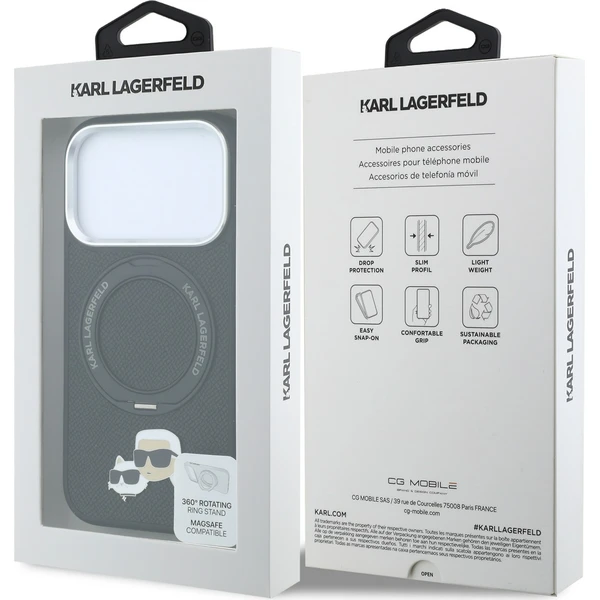 Karl Lagerfeld PU Grained K&CH Heads Ring Stand Magsafe kryt iPhone 18 Pro černý - Pouzdra - Obrázek 45532eab8b8c4b419521891ef6f56b03