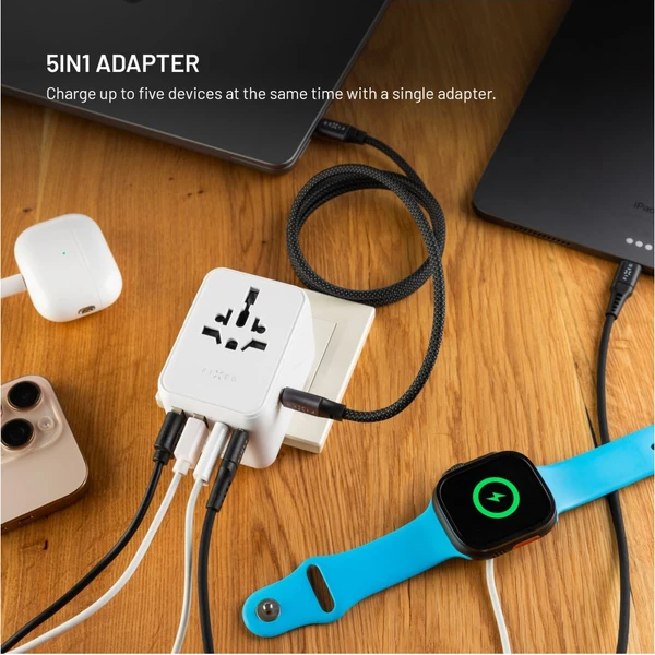 FIXED Voyager (70W) cestovní adaptér pro EU/UK/USA/AUS, 3xUSB-C a 2xUSB, GaN, PD bílý - Nabíječky - Obrázek 467f871d4a5a4668a051f17477af45c0