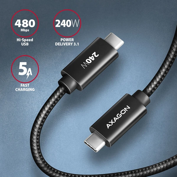 AXAGON BUCM2-CM10AB USB-C/USB-C napájecí kabel 240W 1m černý - Kabely a redukce - Obrázek 46O0000J01