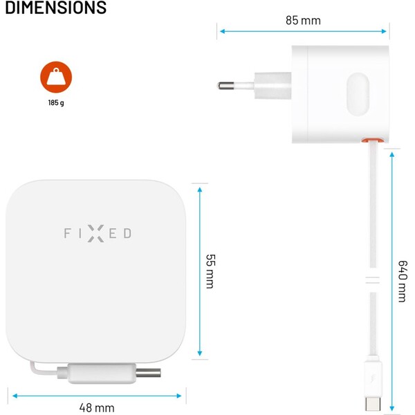 FIXED GaN nabíječka s 2xUSB-C, PD 3.0, se samonavíjecím kabelem, 65W, bílá - Nabíječky - Obrázek 472e7da43a88496aa0289a8c0cf3b8a3