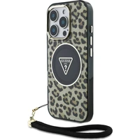 Guess IML Leopard Triangle Logo Strap MagSafe kryt iPhone 16 Pro hnědý - Pouzdra