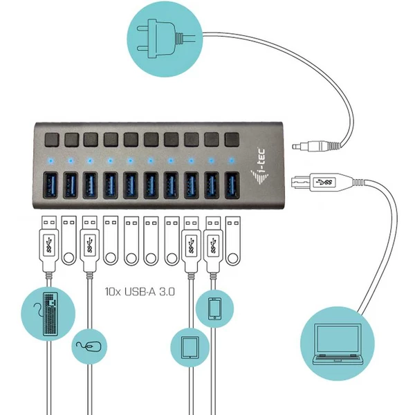 i-tec USB 3.0 Charging HUB 10 Port + Power Adaptér 48 W stříbr - USB huby - Obrázek 485U200301