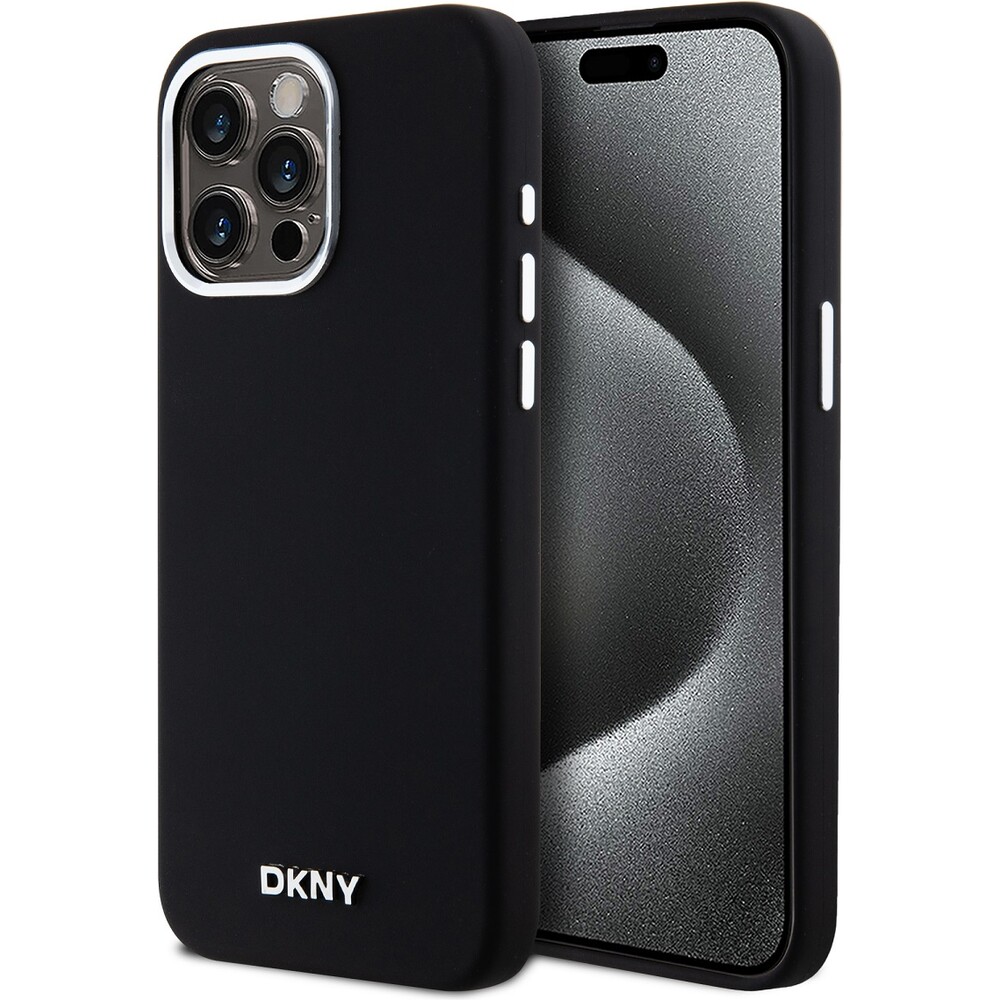 DKNY Liquid Silicone Silver Metal Logo Magsafe kryt iPhone 15 Pro Max černý