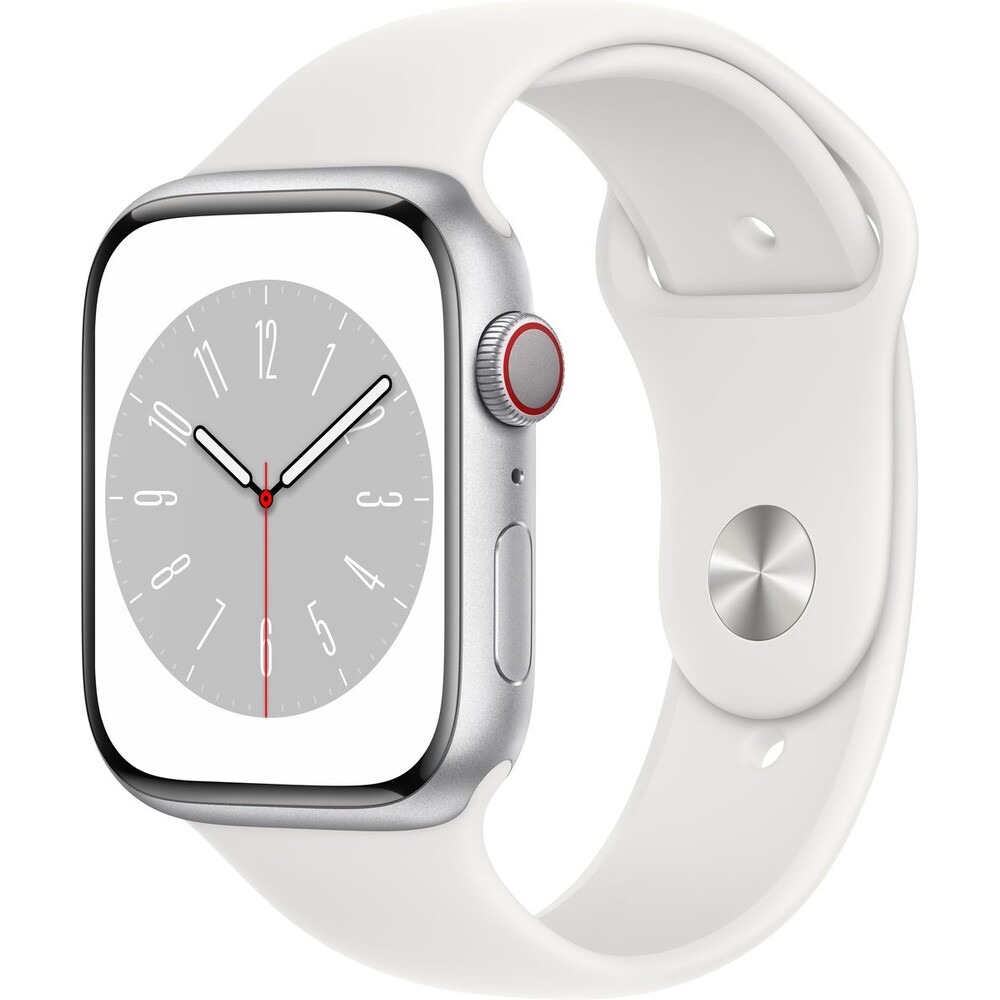 Apple Watch Series 8 Cellular 41mm stříbrný hliník s bílým sportovním řemínkem