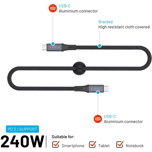 FIXED Multimedia Cabel USB-C napájecí a datový kabel 4K/60z, 20Gbps, 240W, 2m šedý - Kabely a redukce - Obrázek 4afba7a9756e4613891c0c17ec7f2b50