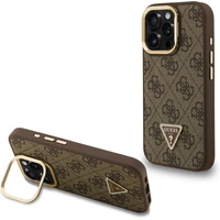 Guess PU 4G Strass Triangle Logo Stand Camera Frame MagSafe kryt iPhone 16 Pro hnědý - Pouzdra
