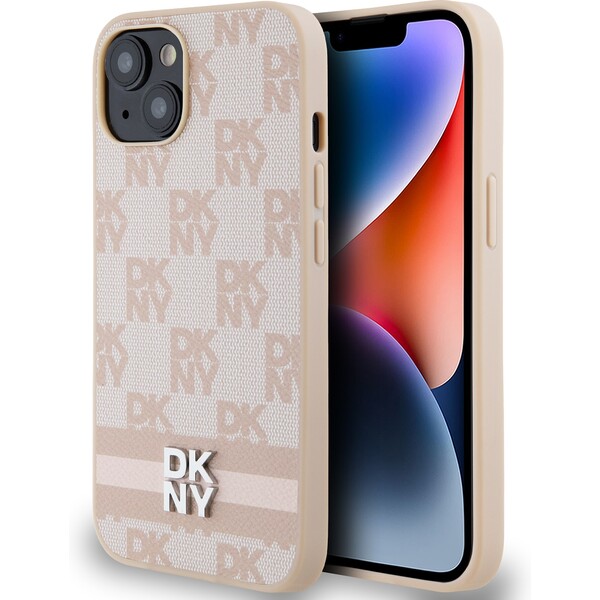 DKNY PU Leather Checkered Pattern and Stripe kryt iPhone 15 růžový