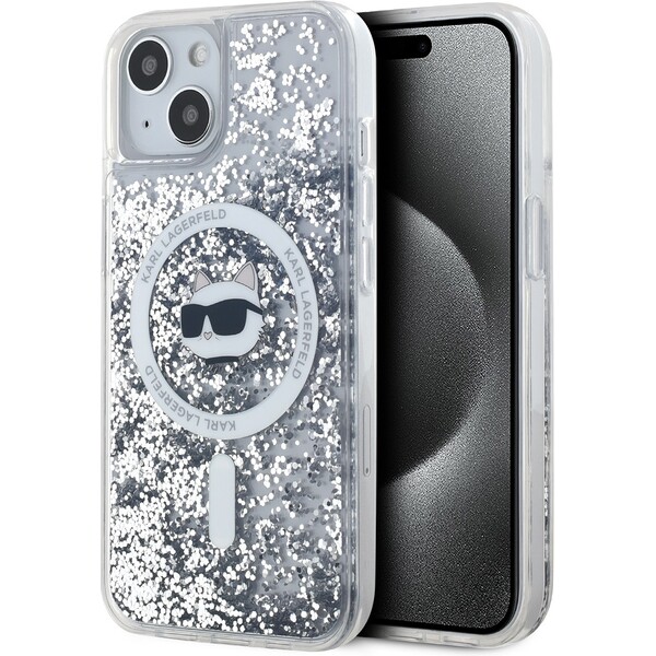 Karl Lagerfeld Liquid Glitter Choupette Head Magsafe zadní kryt pro iPhone 15 čirý