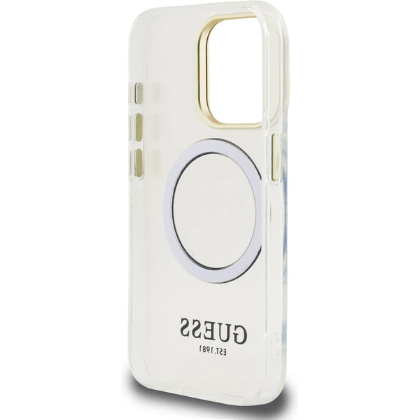 Guess IML Gold Outline Stand Camera Frame MagSafe kryt iPhone 15 Pro čirý - Pouzdra - Obrázek 5278516bc46d460b9300a4843a5370cd