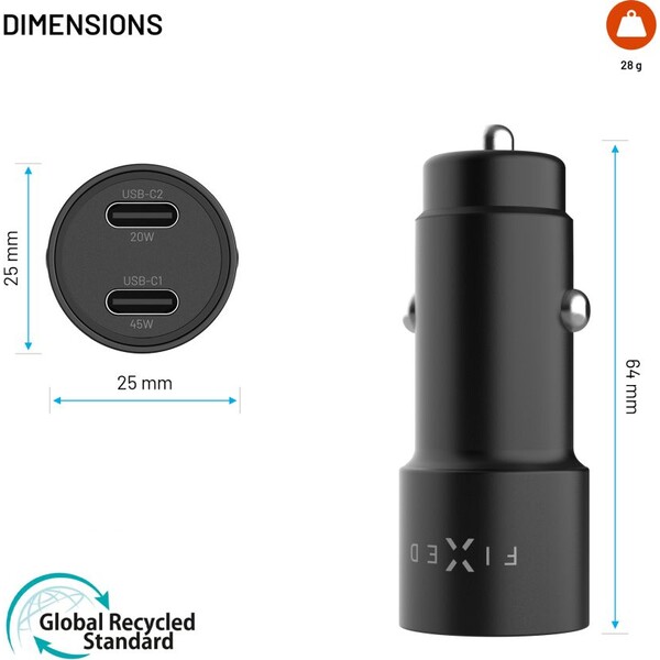 FIXED autonabíječka s 2xUSB-C výstupem, podpora PD 3.0, 65W, černá - Nabíječky - Obrázek 52928b2295b54f42b3f1bcdebcb08581