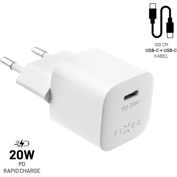FIXED Mini nabíječka s USB-C a USB-C/USB-C kabelem, PD, 1 m, 20W, bílý