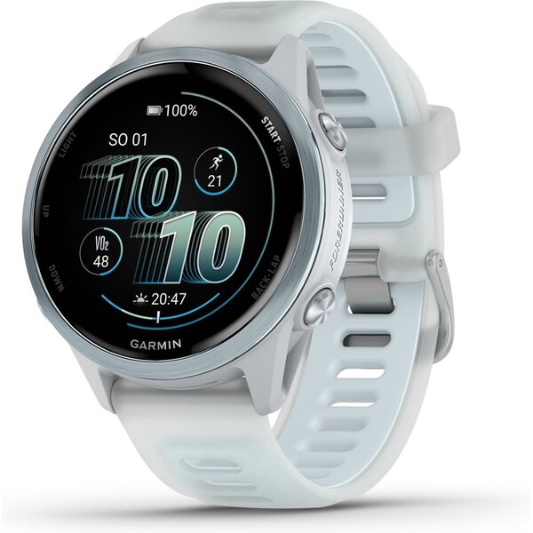 Garmin Forerunner 570 42 mm světle modrá hliníková luneta s bílo-modrým poloprůhledným řemínkem Světle modrá