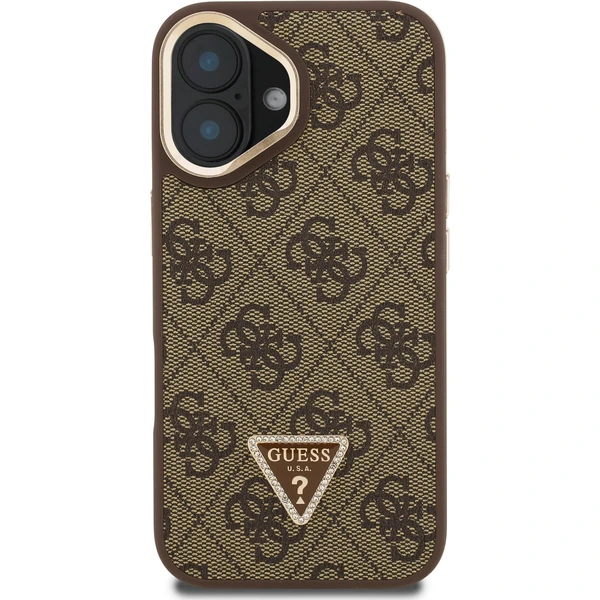Guess PU 4G Strass Triangle Logo Stand Camera Frame MagSafe kryt iPhone 16 hnědý - Pouzdra - Obrázek 56a7491b966844c98c7072f708068132