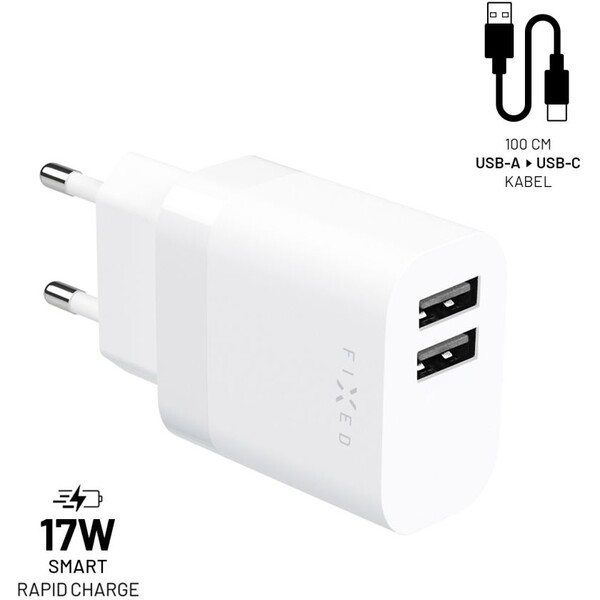 FIXED nabíječka s USB-A/USB-C kabelem, 1 m, 17W, bílá
