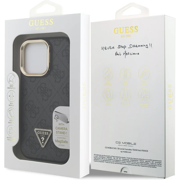 Guess PU 4G Strass Triangle Logo Stand Camera Frame MagSafe kryt iPhone 15 Pro Max černý - Pouzdra - Obrázek 588b8dbdafb14aeb9577da3293d2560a