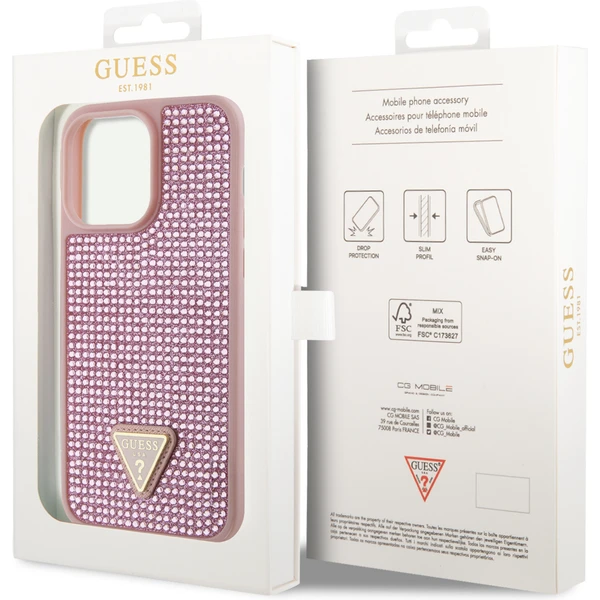 Guess Rhinestones Triangle Metal Logo Kryt pro iPhone 15 Pro Max růžový - Pouzdra - Obrázek 5892000N01