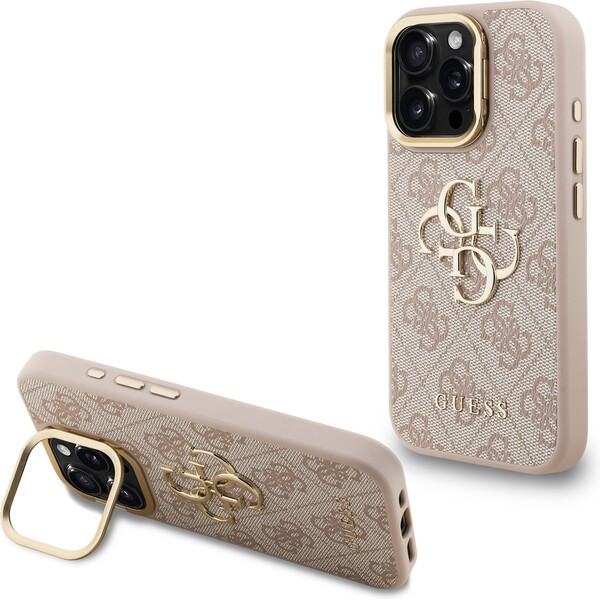 Guess PU 4G Metal Logo Stand Camera Frame kryt iPhone 15 Pro růžový