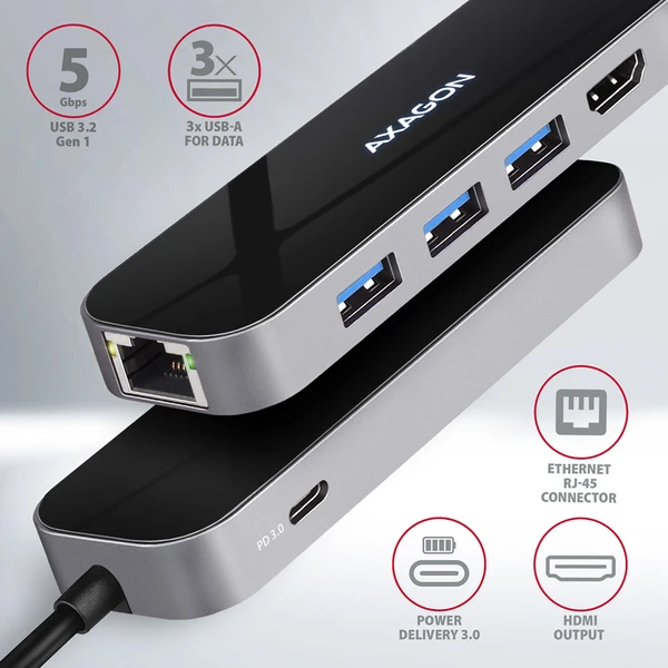 AXAGON USB hub 3x USB-A, HDMI, RJ-45 kabel USB-C - Dokovací stanice - Obrázek 5B13G00101