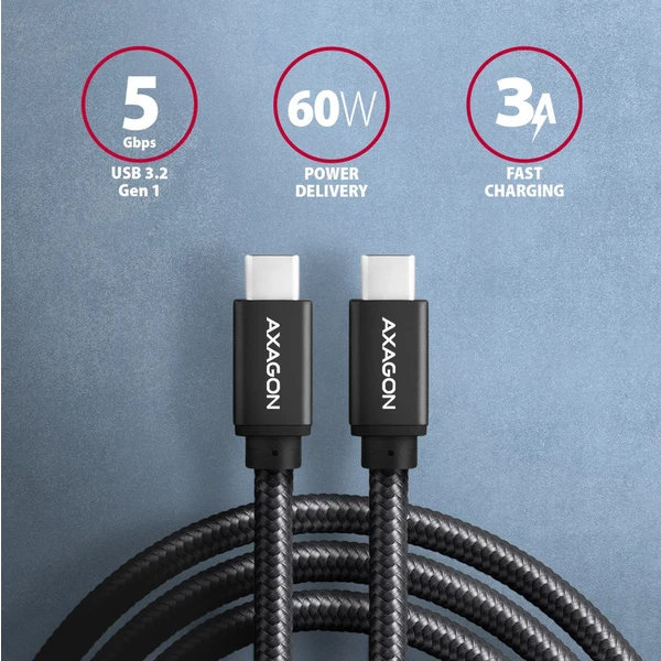 AXAGON USB-C/USB-C napájecí kabel 60W 1m černý - Kabely a redukce - Obrázek 5ED0700301