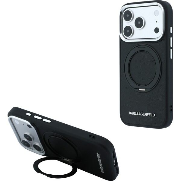 Karl Lagerfeld PU Saffiano Ring Stand MagSafe kryt iPhone 18 Pro Max černý