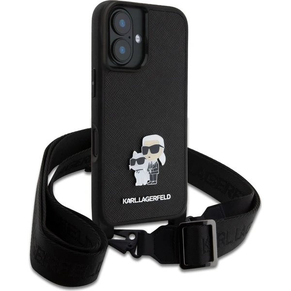 Karl Lagerfeld Saffiano Crossbody Popruh Metal Karl and Choupette kryt pro iPhone 16 černý - Pouzdra - Obrázek 5cb693d4392d4a2f8c5672864a8d3e57