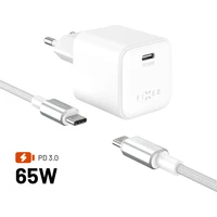 FIXED Mini set síťové GaN nabíječky s USB-C výstupem a USB-C/USB-C kabelem, PD, 65W, (2m) bílý - Nabíječky