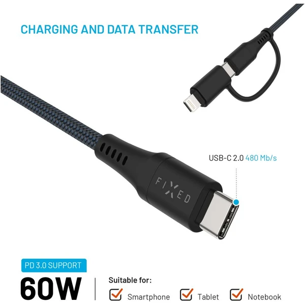 FIXED 2v1 napájecí kabel 60W 3m černý - Kabely a redukce - Obrázek 613afbcaf5424a55a91839e88c7b6f68