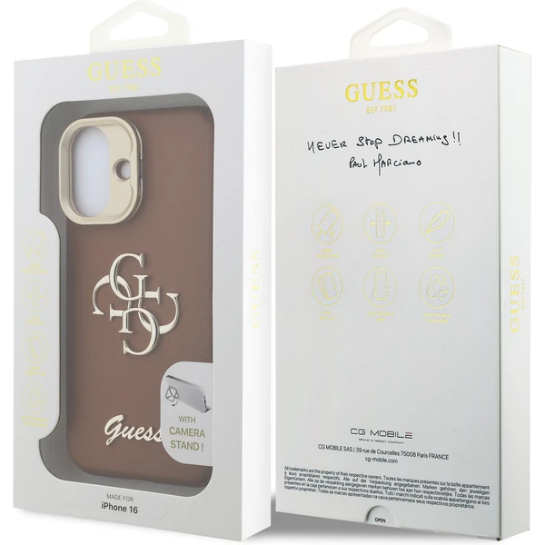 Guess PU Grained 4G Logo Stand Camera Frame kryt iPhone 16 hnědý - Pouzdra - Obrázek 62035e5a88b14379ac6b9134cf1df5c7
