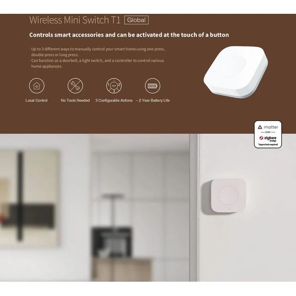 AQARA Wireless Mini Switch T1 - Zigbee 3.0 dálkový ovladač bílý - Ovladače - Obrázek 64U3000O01