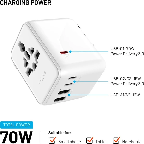 FIXED Voyager (70W) cestovní adaptér pro EU/UK/USA/AUS, 3xUSB-C a 2xUSB, GaN, PD bílý - Nabíječky - Obrázek 65094f13ff0d476b8498703e451919cd