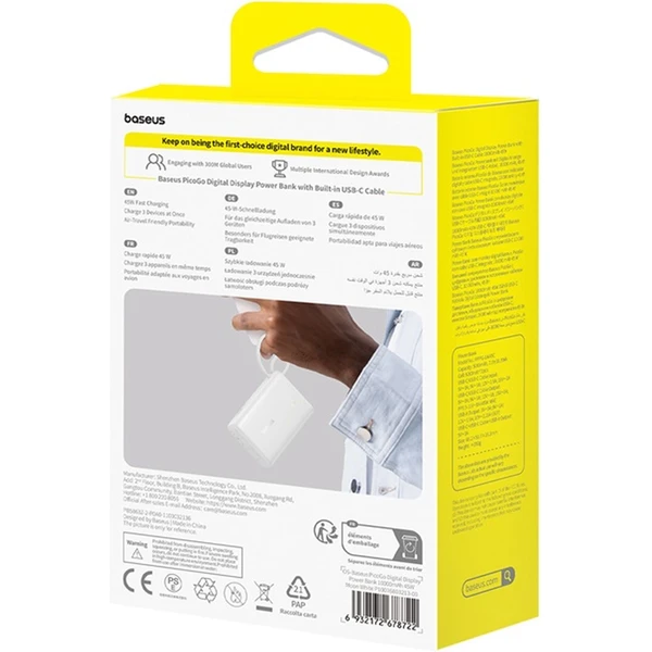 Baseus PicoGo powerbanka 10000mAh 45W s digitálním displejem a kabelem USB-C bílá - Powerbanky - Obrázek 65AE000N01