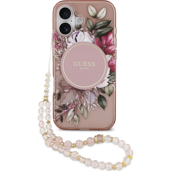 Guess IML Flowers Strap MagSafe kryt iPhone 17 růžový
