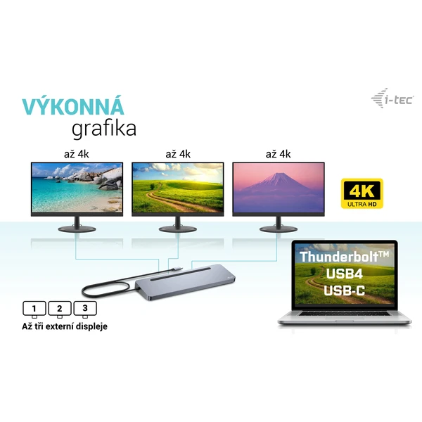 i-tec USB-C Metal Ergonomic 4K 3x Display dokovací stanice s PD 100W + i-tec nabíječka 100W - Dokovací stanice - Obrázek 67P8000601
