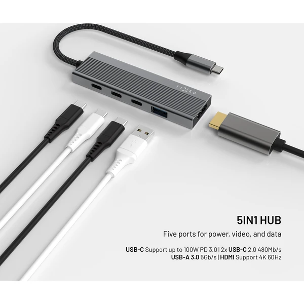 FIXED 5-portový hliníkový USB-C HUB Core, pro notebooky a tablety, 100W, PD 3.0, vesmírně šedý - USB huby - Obrázek 690ea5f020fa453ea9ae1e2b29beb049