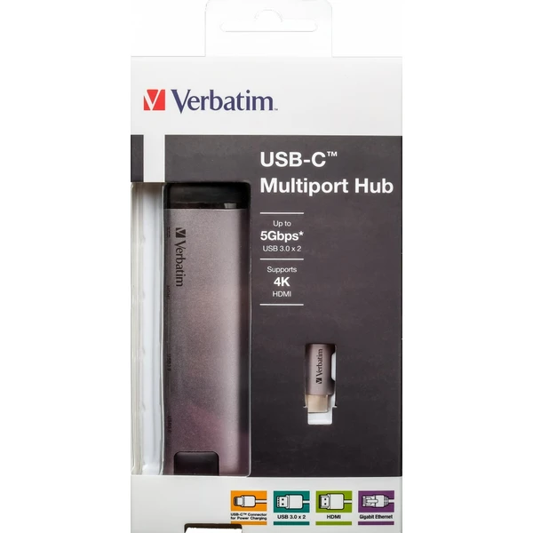 Verbatim USB-C Multiport HUB, 2x USB 3.0, 1x USB-C, HDMI, LAN dokovací stanice šedá - Dokovací stanice - Obrázek 6COR000301