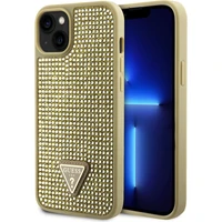 Guess Rhinestones Triangle Metal Logo Kryt pro iPhone 15 zlatý - Pouzdra