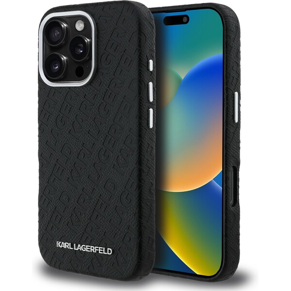 Karl Lagerfeld Grained PU Repeated Logo MagSafe kryt iPhone 16 Pro černý