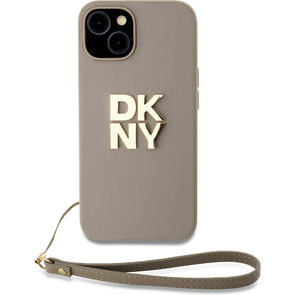 DKNY PU Leather Stack Logo Wrist Strap kryt iPhone 14 béžový