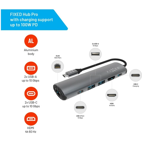 FIXED HUB Pro 6v1 USB-C hliníkový hub pro notebooky a tablety šedý - USB huby - Obrázek 7188000701