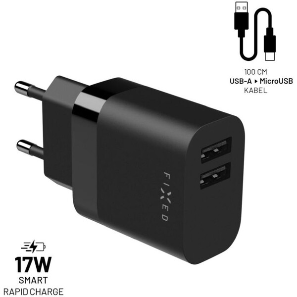 FIXED nabíječka s USB-A/MicroUSB kabelem, 1 m, 17W, černá