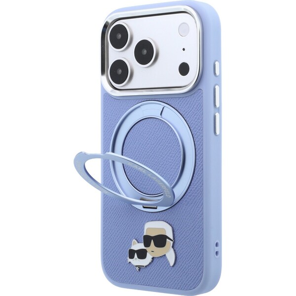 Karl Lagerfeld PU Grained K&CH Heads Ring Stand Magsafe kryt iPhone 18 Pro modrý