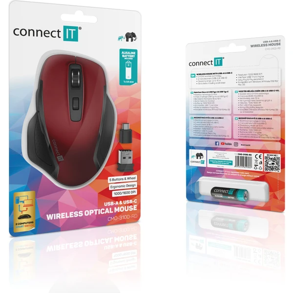 CONNECT IT Dual SmartSwitch bezdrátová myš, USB-A + C (+1x AA baterie zdarma) červená - Myši - Obrázek 73N0000P01