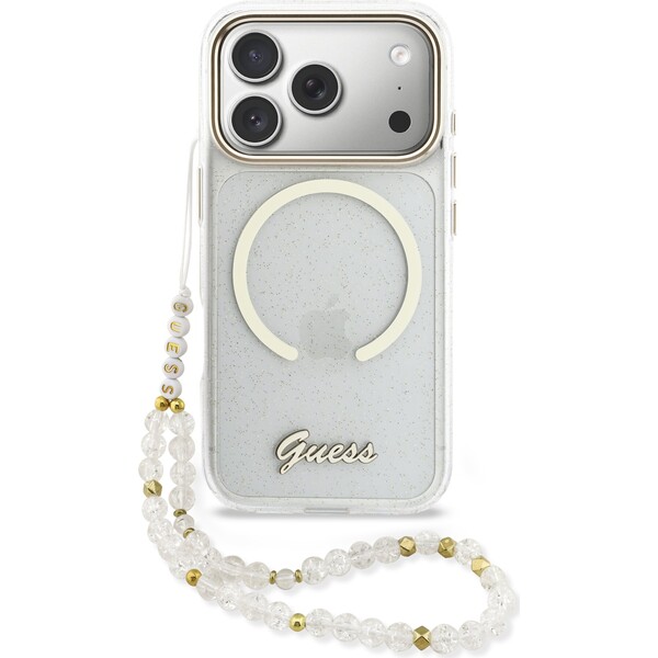 Guess IML Glitter Script Strap MagSafe Zadní Kryt pro iPhone 17 Pro Max Transparent