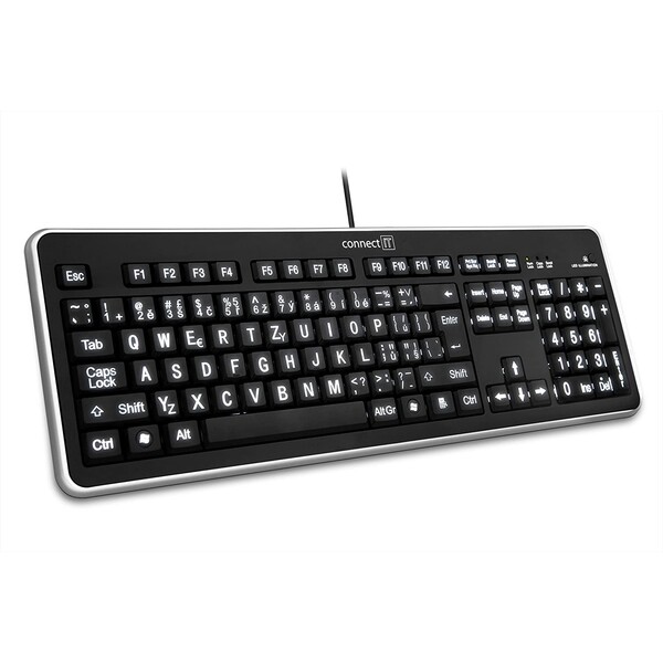 CONNECT IT LED bíle podsvícená klávesnice s VELKÝM fontem, USB Černá