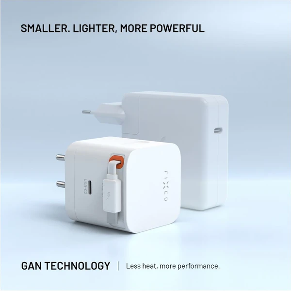FIXED GaN nabíječka s 2xUSB-C, PD 3.0, se samonavíjecím kabelem, 65W, bílá - Nabíječky - Obrázek 760b28906e4b4a95bb2302f3c136c055