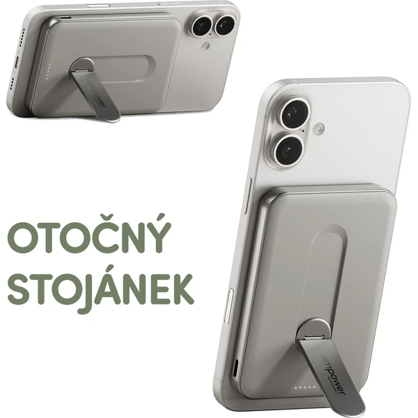 PanzerGlass® empower bezdrátová Qi2 powerbanka 5000 mAh, MagSafe, otočný stojánek, šedá - Powerbanky - Obrázek 783J000K01