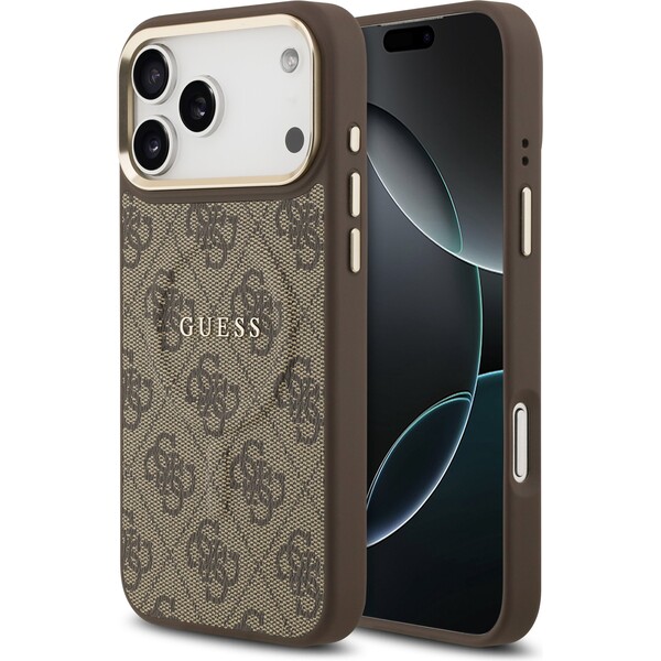 Guess PU Leather 4G Gold Frame MagSafe kryt iPhone 17 Pro Max hnědý
